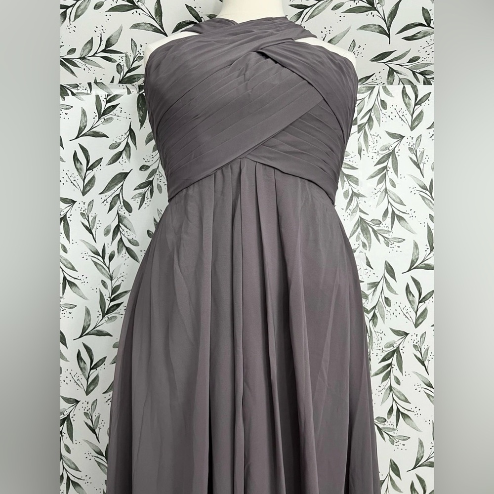 Grey A-Line Pleated Chiffon Prom Bridesmaid Formal Wedding Size L 12 Gown #2 New - Picture 4 of 16
